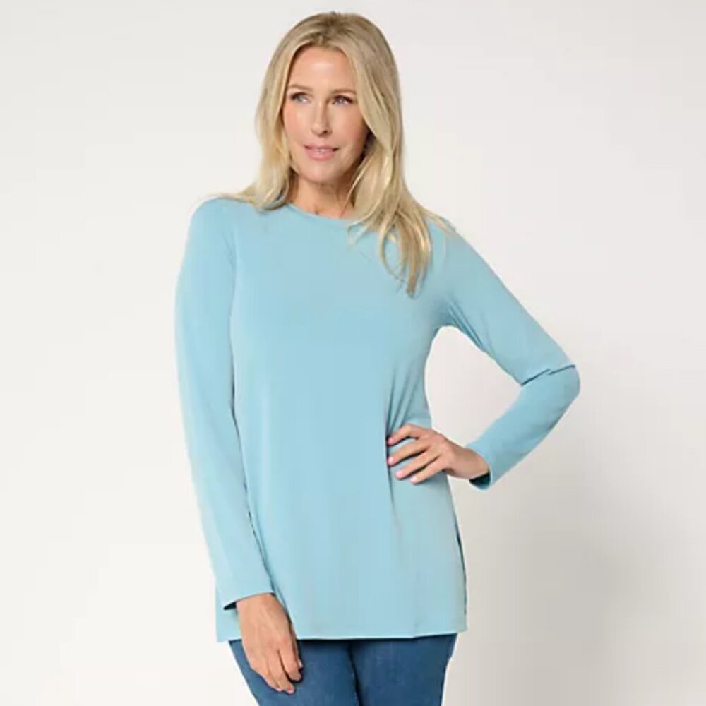 Susan Graver Essentials Liquid Knit Crew Neck Top Aqua Cloud XL A700410